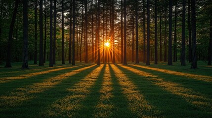 Fototapeta premium Sunset Rays Illuminate Forest Trees and Grass