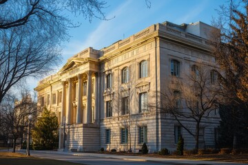 Fototapeta premium Grand building at sunset, bathed in warm light.