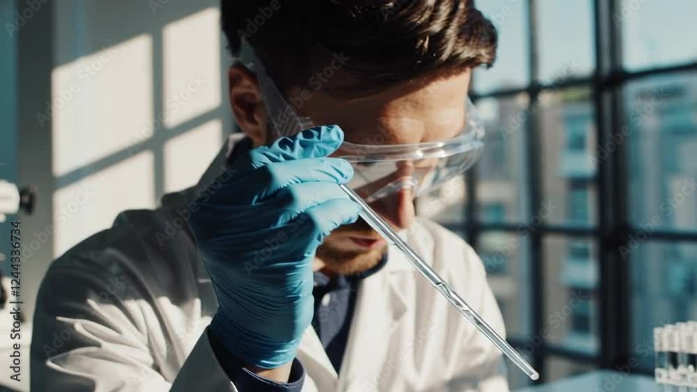 Aufkleber Laboratory technician wearing protective glasses and gloves carefully using a pipette, transferring liquid in a modern lab setting with test tubes and a microscope visible in the background