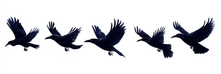 Obraz premium Majestic Crows in Flight - Five black crows soar gracefully against a white background, showcasing their powerful wings and elegant silhouettes. A perfect image for nature, wildlife
