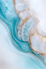 Stunning abstract artwork features flowing blue and turquoise waves intertwined with gold and white accents, capturing a serene coastal vibe perfect for home decoration