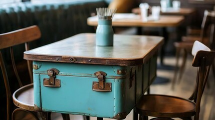 Repurposed vintage suitcase bistro coffee table, eclectic cafe decor