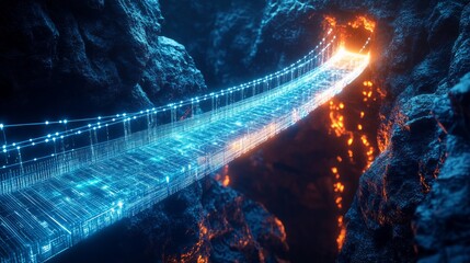 Futuristic Bridge Over Lava Flow in a Digital Landscape
