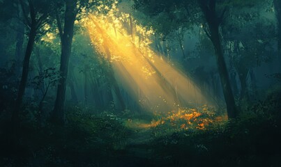 Dramatic Woodland Scene with shafts of light coming through the Trees. Beautiful Sunrise Nature Background.