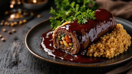 Zrazy Zawijane Beef Rolls with Rich Gravy, Polish Restaurant Food Menu Photography
