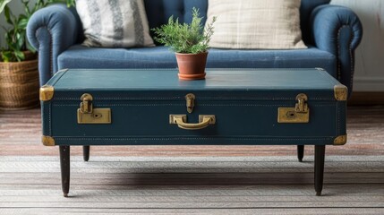 Repurposed vintage suitcase bistro coffee table, eclectic cafe decor