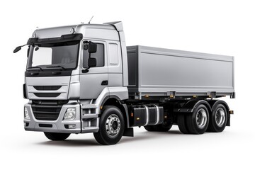 Isolated Silver Freight Truck with Big Wheels. Heavy Industry Transport Vehicle for Carrying Cargo on Long Hauls