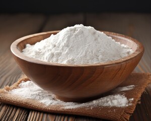 Isolated Wooden Bowl of Raw Flour. Top View of White Flour Powder with Wheat Kernels and a Rustic Wooden Bowl on a White Background