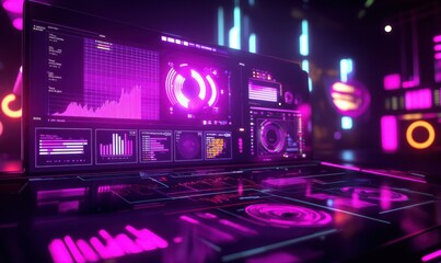 Fototapeta premium Graphs and digital interface in vivid neon tones, showcasing cutting-edge technological analytics, with a futuristic aesthetic, high-definition clarity