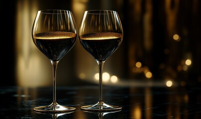 Elegant wine glasses clinking together in celebration, with golden liquid catching the light, set against a dark, festive backdrop