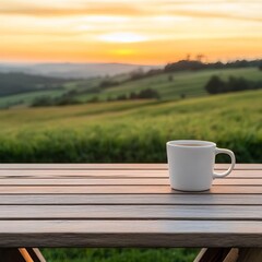 Rustic countryside cafe, wooden bistro coffee table, latte art, warm sunset