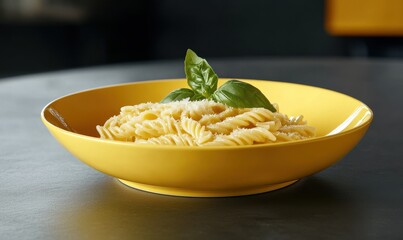 Elegant bowl of gourmet pasta with fresh basil and a touch of Parmesan cheese, served on a modern yellow plate against a minimalist black table.
