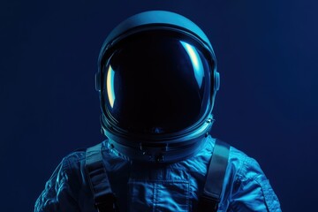 Astronaut's Helmet Close-Up: Visor Reflection in Dark Blue Background with Ample Copy Space