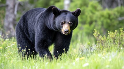 Fototapeta premium Female American Black Bear Roams Freely in Yellowstone National Park, Wyoming - A Mammal of North America