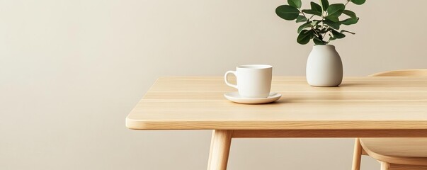 Scandinavian wooden bistro coffee table, light oak finish, minimalist cafe design, neutral tones