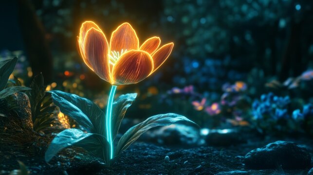 Glowing Tulip in Enchanted Garden at Night with Vibrant Colors