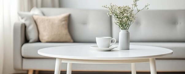 Simple white round bistro coffee table, Scandinavian-style cafe, neutral tones