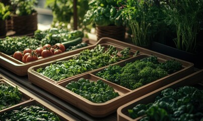 Fresh vegetables laid out artistically on biodegradable trays under warm light, emphasizing modern eco-conscious living, rich textures