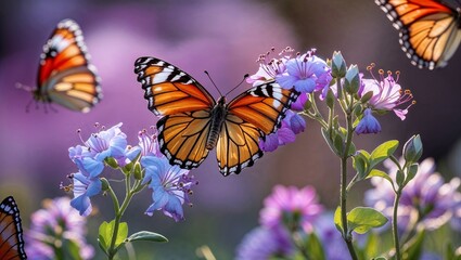 Obraz premium Monarch butterfly on purple flowers during Spring Equinox