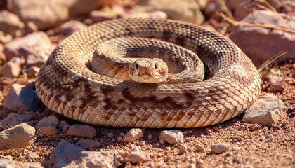 Obraz premium Striking Midget Faded Rattlesnake Coiled on Utahs Rocky Terrain, Gazes Intently from the Wilderness at Dawn
