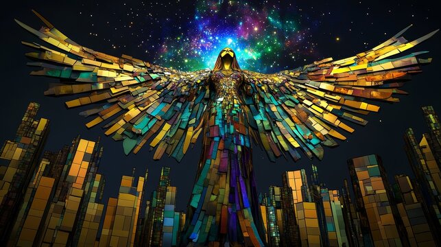 Against a celestial tapestry of stars, the Sumerian Goddess Inanna is elegantly dressed in cosmic designs.