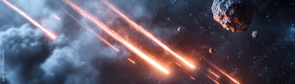 Poster minimalist meteor trails create dynamic lines across a vast deep-space background, while fading ligh