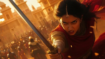 A compelling representation of a brave female warrior rushing into battle with a fierce expression, engulfed in embers, showcasing her courage and determination from ancient days.