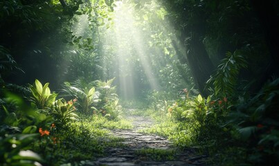 Obraz premium Path through a lush green forest with clean air and sunlight piercing through leaves, representing revitalization and harmony.