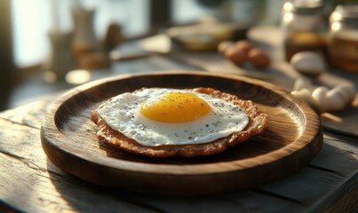 Perfectly fried sunny-side-up egg on a rustic wooden plate, surrounded by subtle breakfast ingredients.