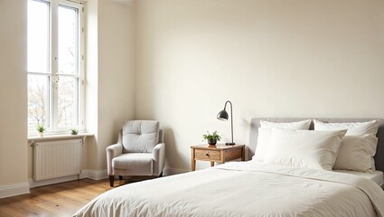 A bedroom with simple furnishings, a neutral color palette, and uncluttered space, emphasizing minimalist design