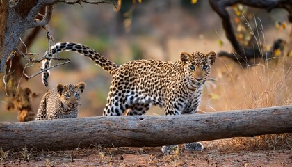 Intense Gaze of a Mother Leopard and Cub Amidst the African Savannah A Moment of Wildness and Bonding at Londolozi Game Reserve
