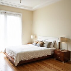 Fototapeta premium A bedroom with simple furnishings, a neutral color palette, and uncluttered space, emphasizing minimalist design
