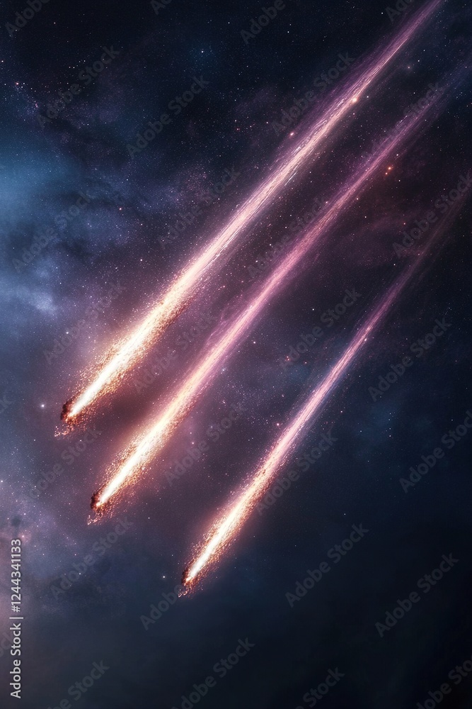 Poster three minimalist meteor trails streak across a deep-space background, leaving glowing light trails t