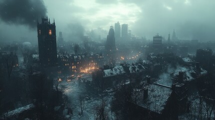 A desolate urban landscape shrouded in smoke and ruins, evoking a post-apocalyptic atmosphere.