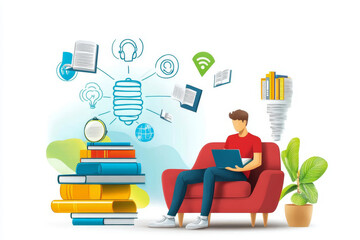 Online Education and Learning Resources - A person comfortably sits on a red couch using a laptop, surrounded by digital and physical learning resources, representing modern education.
