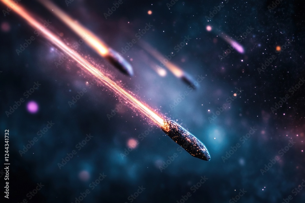 Poster meteor trails streak across a deep-space background, creating a mesmerizing display of fading light 
