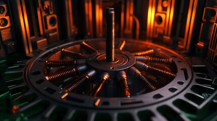 Glowing radial engine, close-up, futuristic tech, industrial background, sci-fi concept