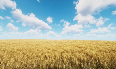 Golden field of wheat under a clear blue sky with soft clouds, capturing the beauty and simplicity of rural landscapes