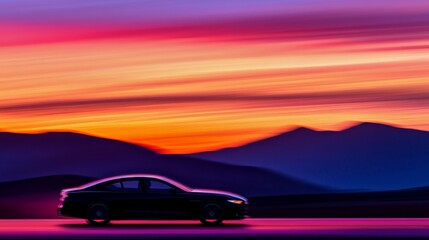 Silhouette of a car driving against a vibrant sunset landscape with mountain in the background