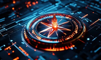 Radiant compass glowing on a high-tech surface with dynamic directional lights, evoking a sense of discovery.