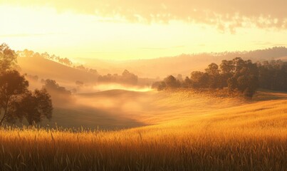 Obraz premium Golden wheat field at sunrise with soft mist rolling over the landscape, glowing warm tones of a peaceful rural morning, serene agricultural beauty