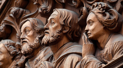 A detailed close-up of a carved wooden relief panel on a historic building, showcasing traditional craftsmanship and intricate designs,. Monumental Structures. Illustration