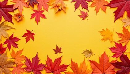 Fototapeta premium Vibrant autumn leaves arranged on bright yellow backdrop, seasonal beauty