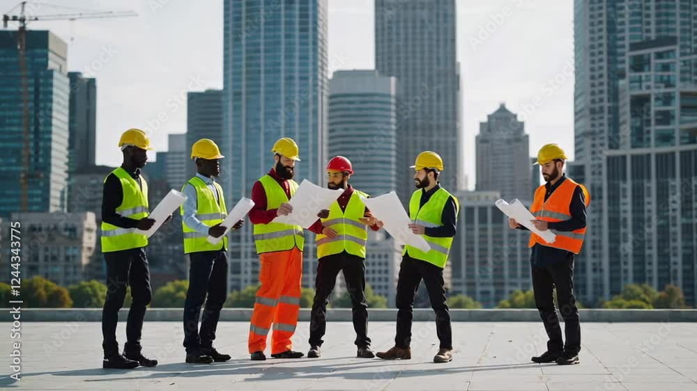 Poster diverse team of construction workers and engineers in safety vests and hardhats review blueprints on