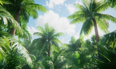 Lush green tropical palm leaves swaying under a bright sky, creating a refreshing and exotic summer vibe
