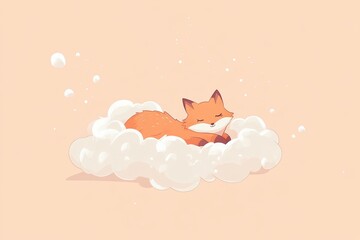 Cute sleeping fox on fluffy cloud in minimalist cartoon style