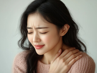 Fototapeta premium young woman experiencing shoulder pain, showing discomfort and concern. Her expression reflects emotional impact of her condition