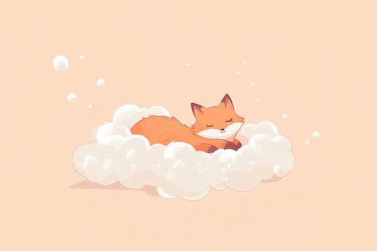 Cute sleeping fox on fluffy cloud in minimalist cartoon style