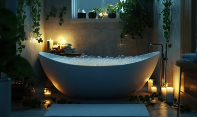 Luxurious bathtub filled with fragrant bubbles, surrounded by candles and eucalyptus leaves in a softly lit modern bathroom