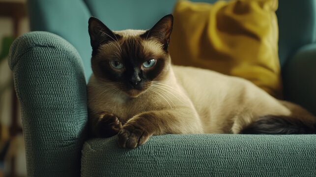 A calm Siamese cat with striking blue eyes relaxes on a soft blue chair in a sunlit living room. Cozy cushions and a warm atmosphere enhance the peaceful ambiance - Powered by Adobe